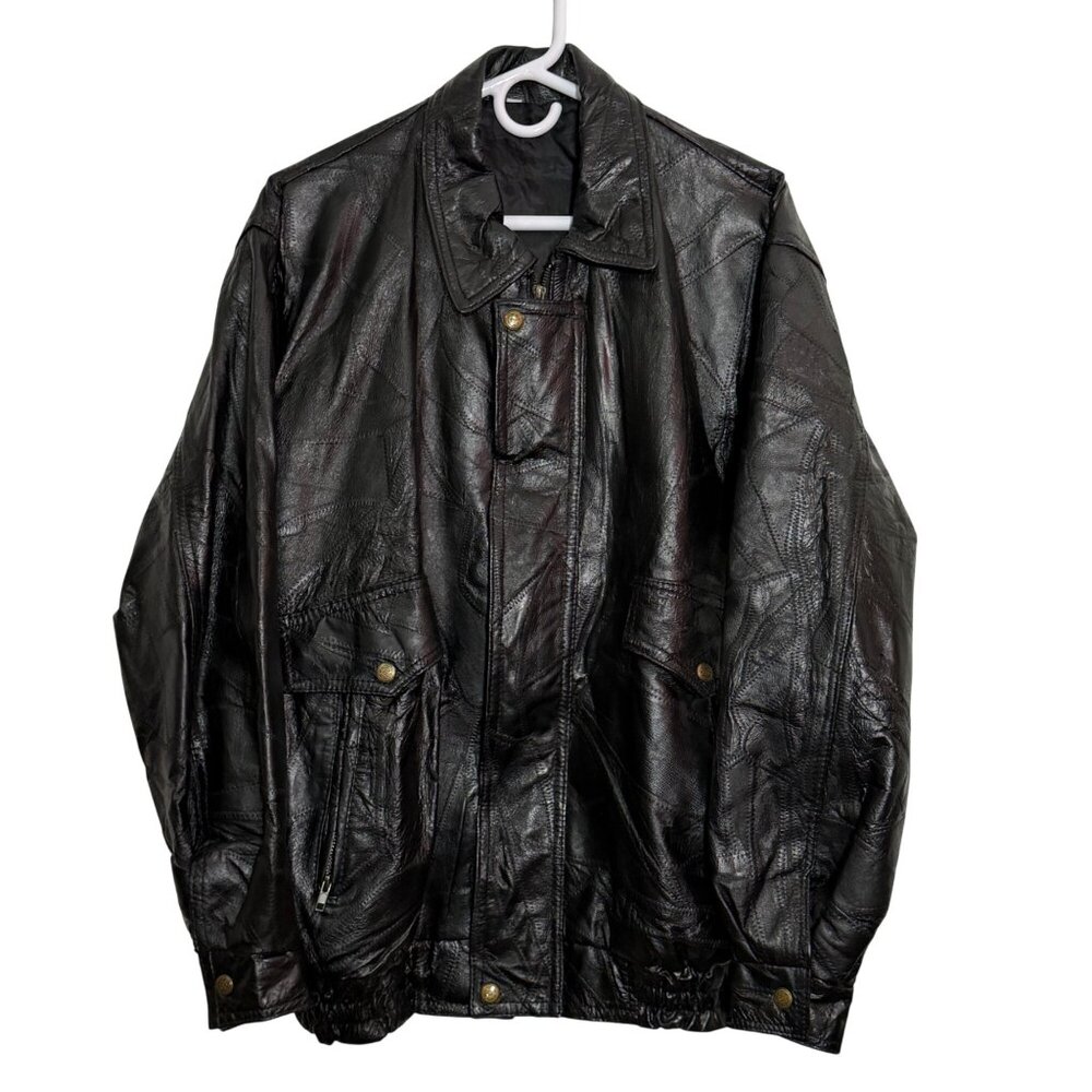 Vintage Black Patchwork Leather Jacket Elastic Hem Large Pockets Mens Large